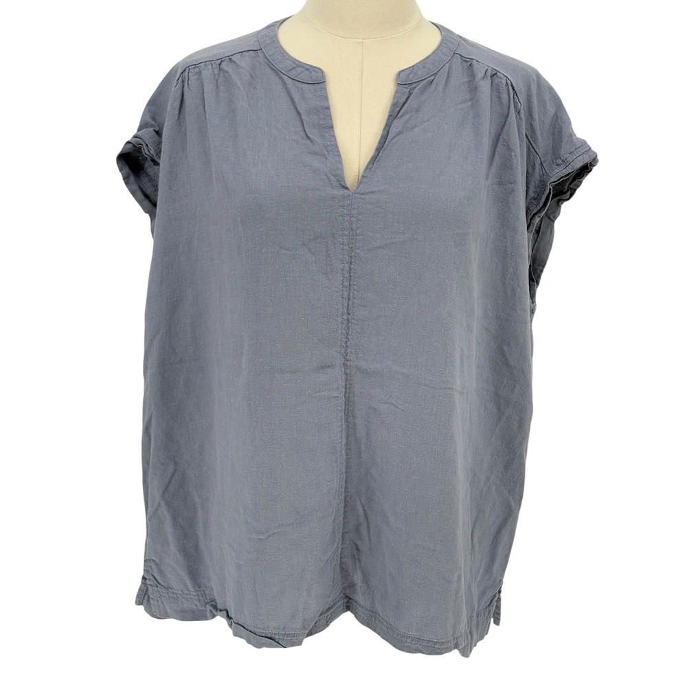 Splendid Blouse Blue Linen Blend Split Neck Cap Sleeve Top XL